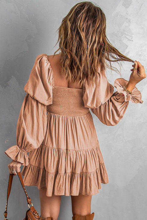 Boho Solid Shirred Ruffle Mini Dress